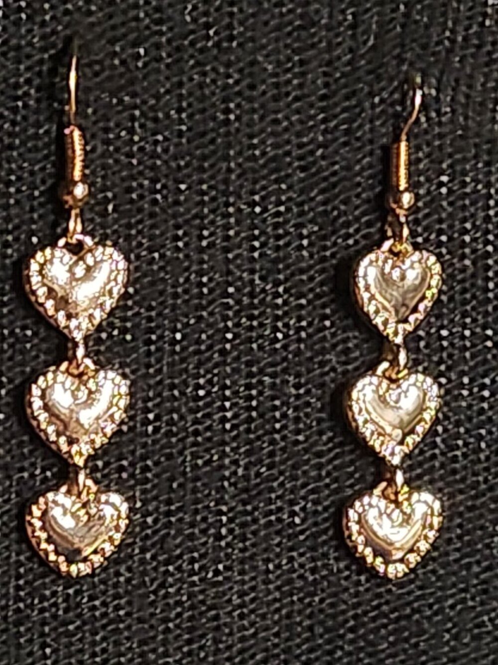 Gold Tone Triple Heart Dangle Earrings Romantic Vintage Style